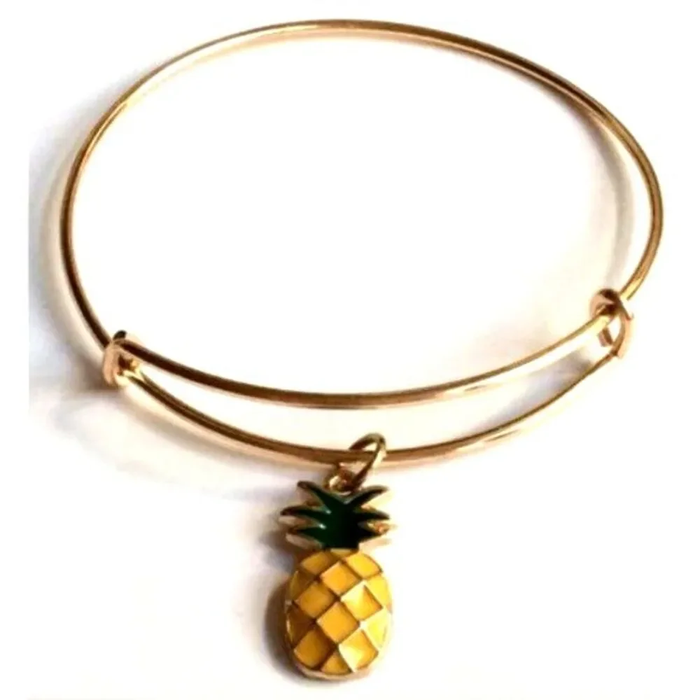 Gold Tone Pineapple Charm Bracelet Adjustable Island Beach Hawaiian Enamel Fruit